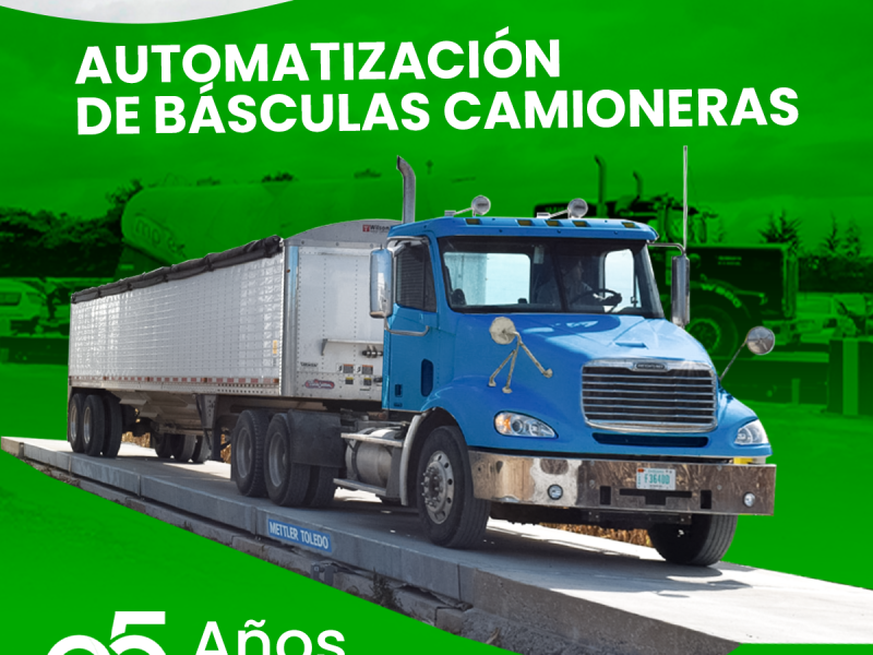 Sistema automatizado de báscula camionera con sensores y control vehicular.